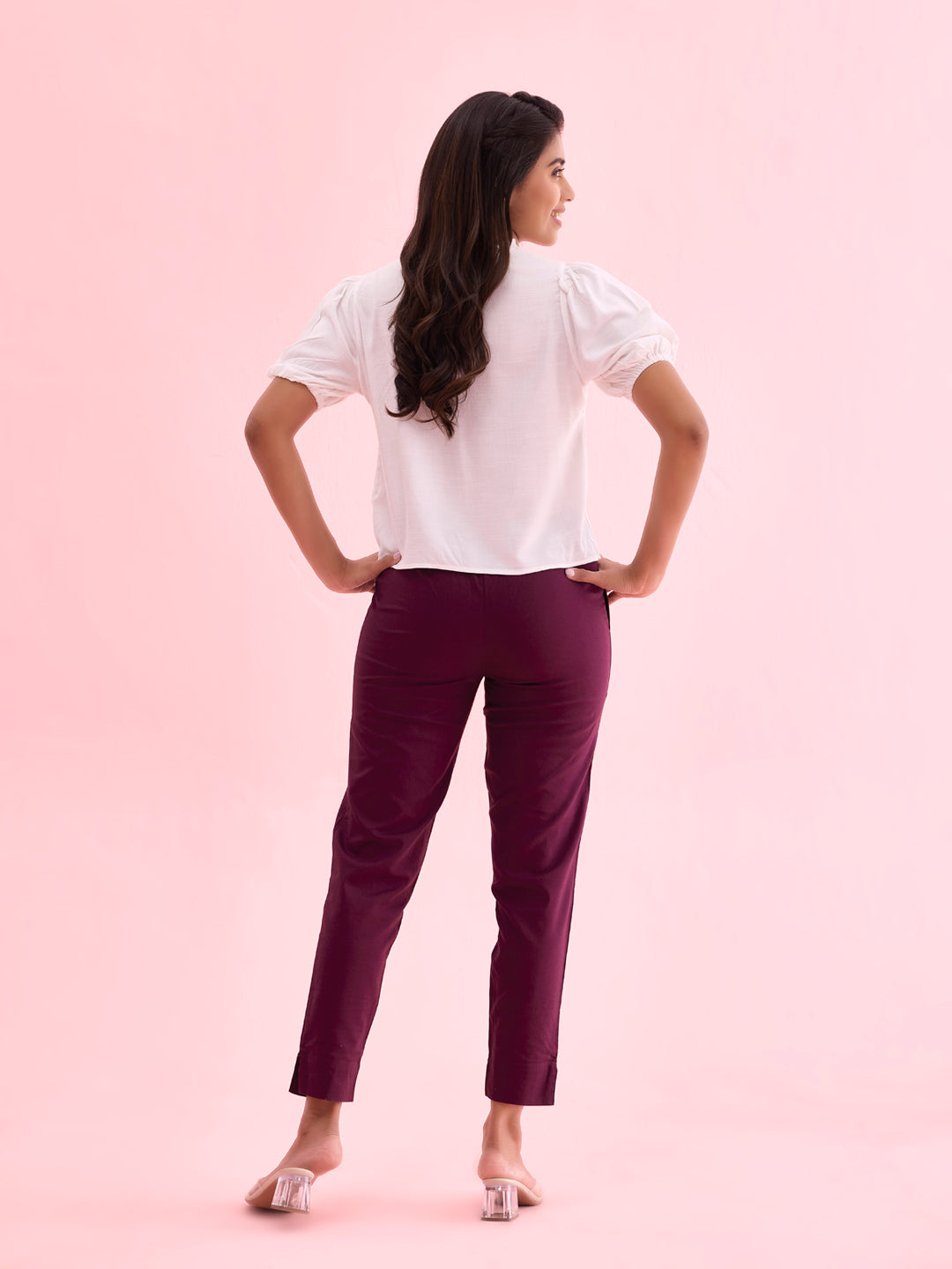 Mid-Rise Cropped Cotton Pant Trousers (Purple)