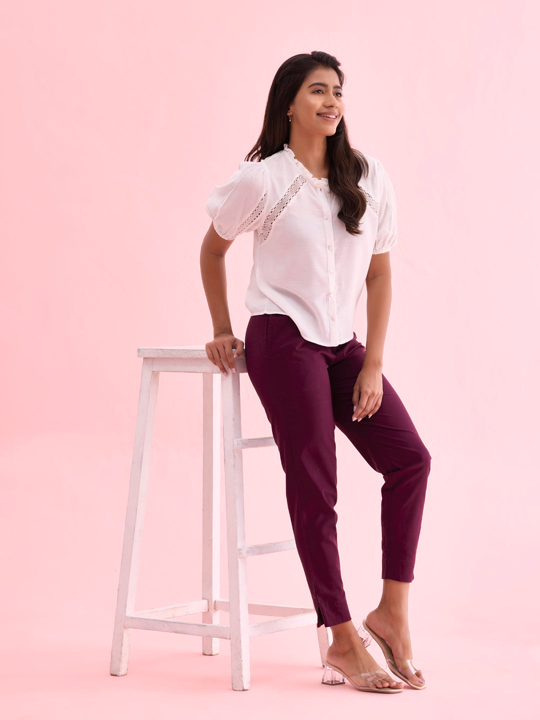 Mid-Rise Cropped Cotton Pant Trousers (Purple)