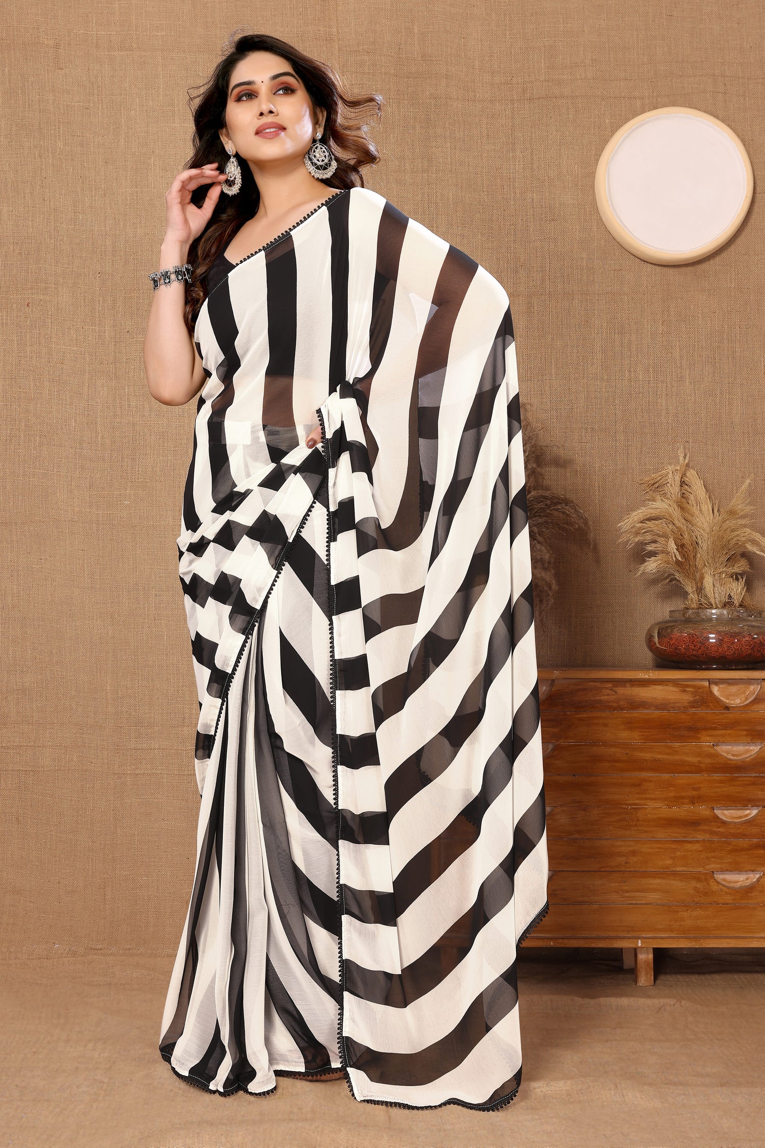 Black And White Color Striped Printed Georgette Ready To Wear Saree