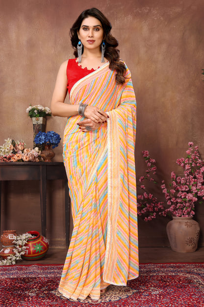 Designer Laheriya Printed Georgette Yellow Color Ready To Wear Saree