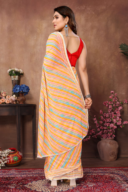 Designer Laheriya Printed Georgette Yellow Color Ready To Wear Saree