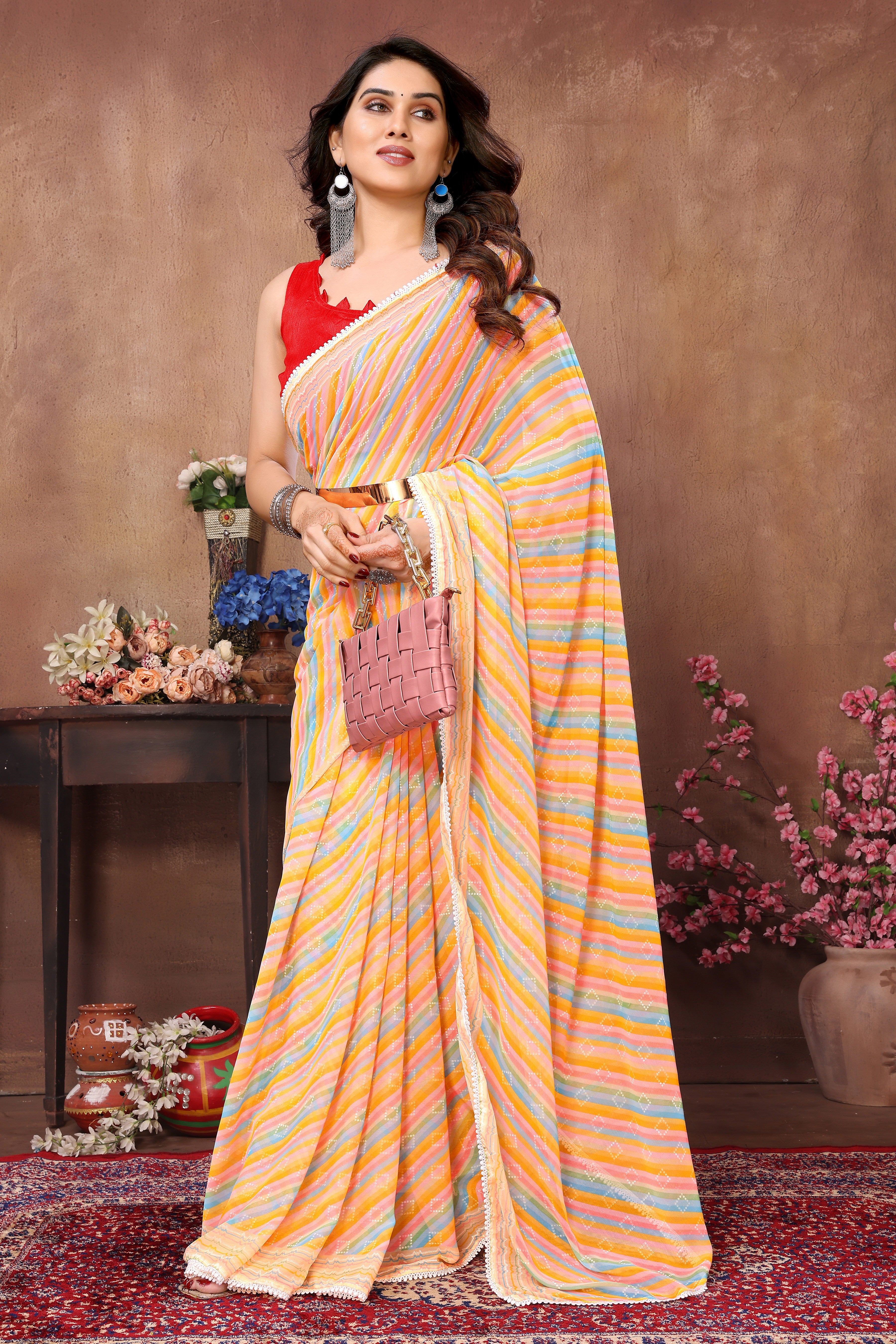 Designer Laheriya Printed Georgette Yellow Color Ready To Wear Saree