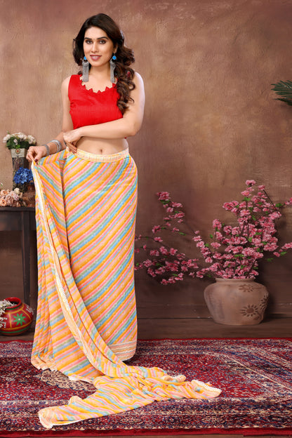 Designer Laheriya Printed Georgette Yellow Color Ready To Wear Saree