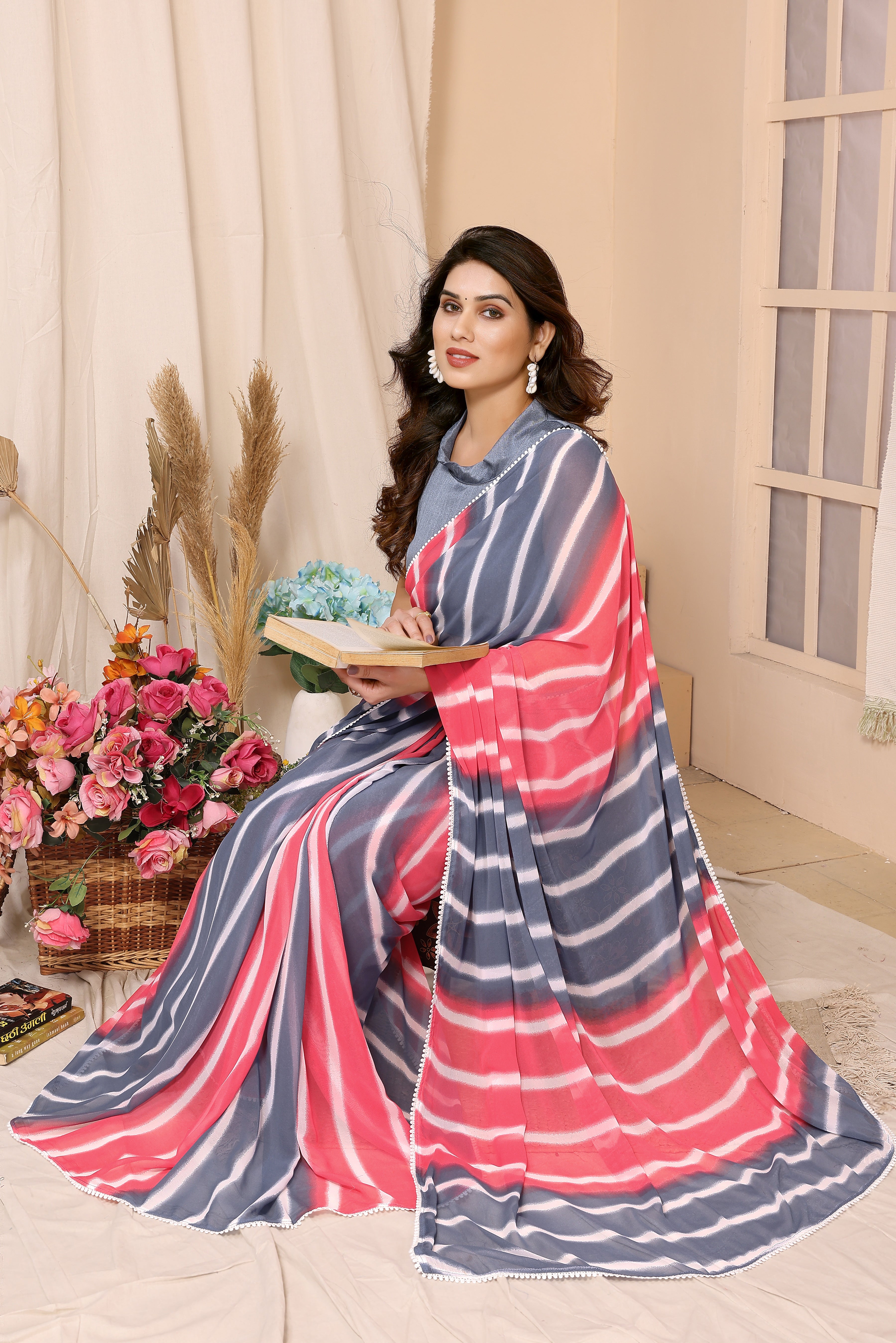 Glamorous Heavy Pink &amp; Grey Laheriya Printed Georgette Ready To Wear Saree