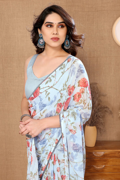 Stylish Georgette Ready To Wear Sky Blue Printed Saree