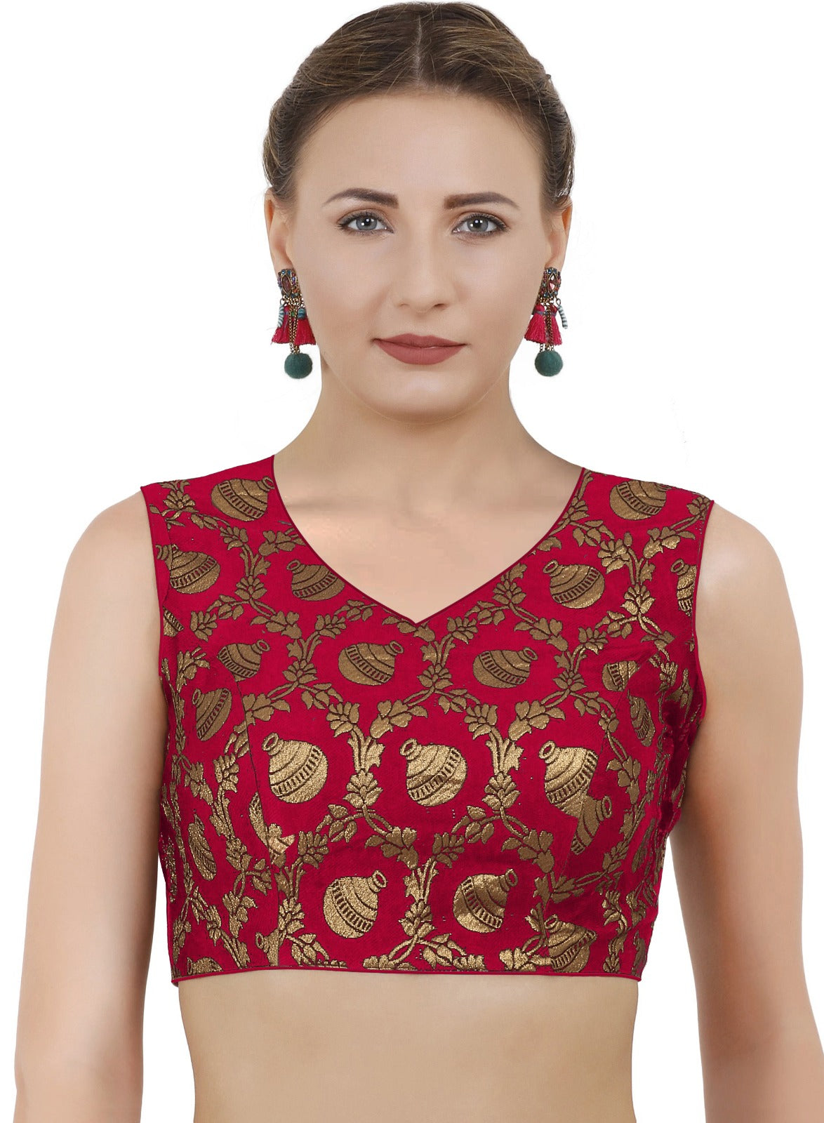 New Collection Sleeveless Brocade Red Color Blouse