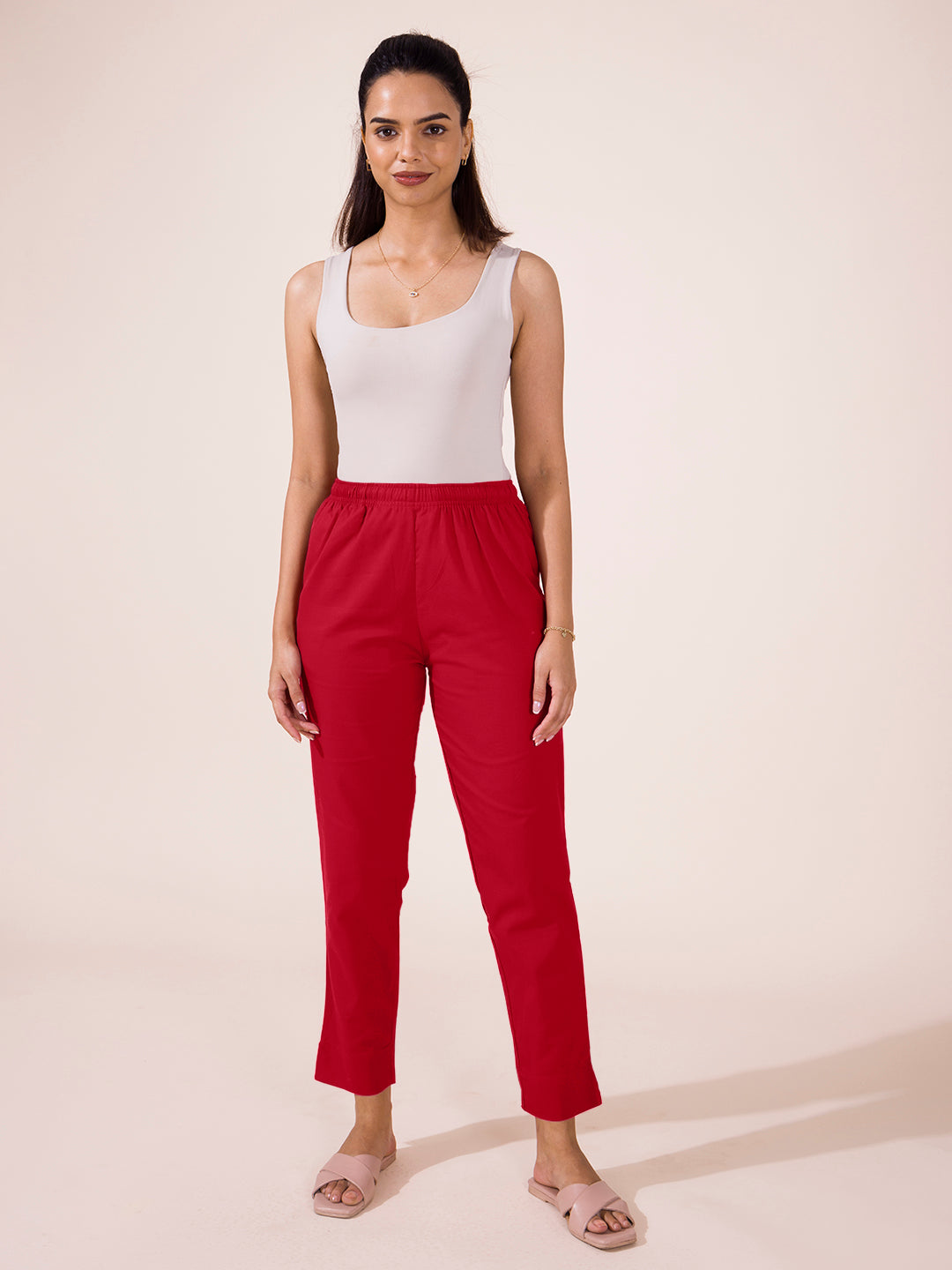 Mid-Rise Cropped Cotton Pant Trousers (Red)