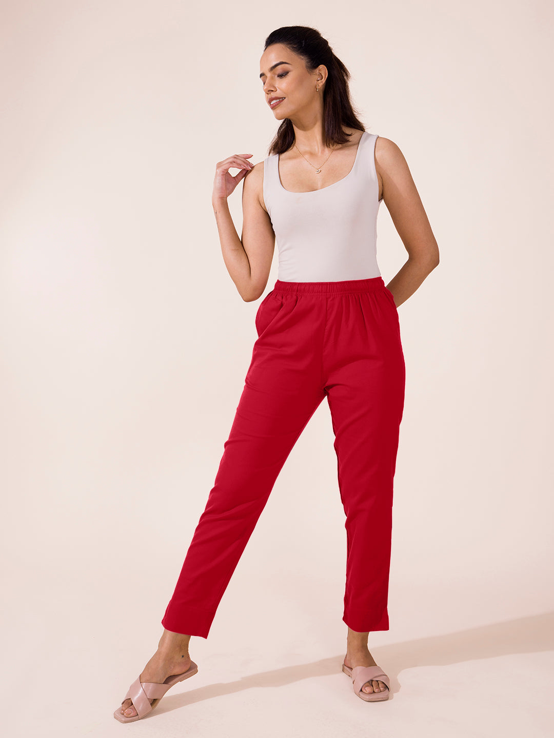 Mid-Rise Cropped Cotton Pant Trousers (Red)