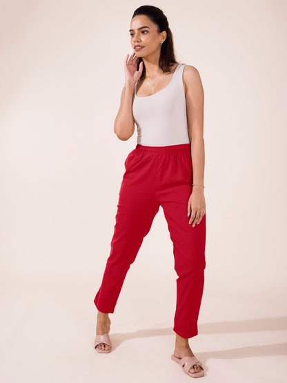 Mid-Rise Cropped Cotton Pant Trousers (Red)