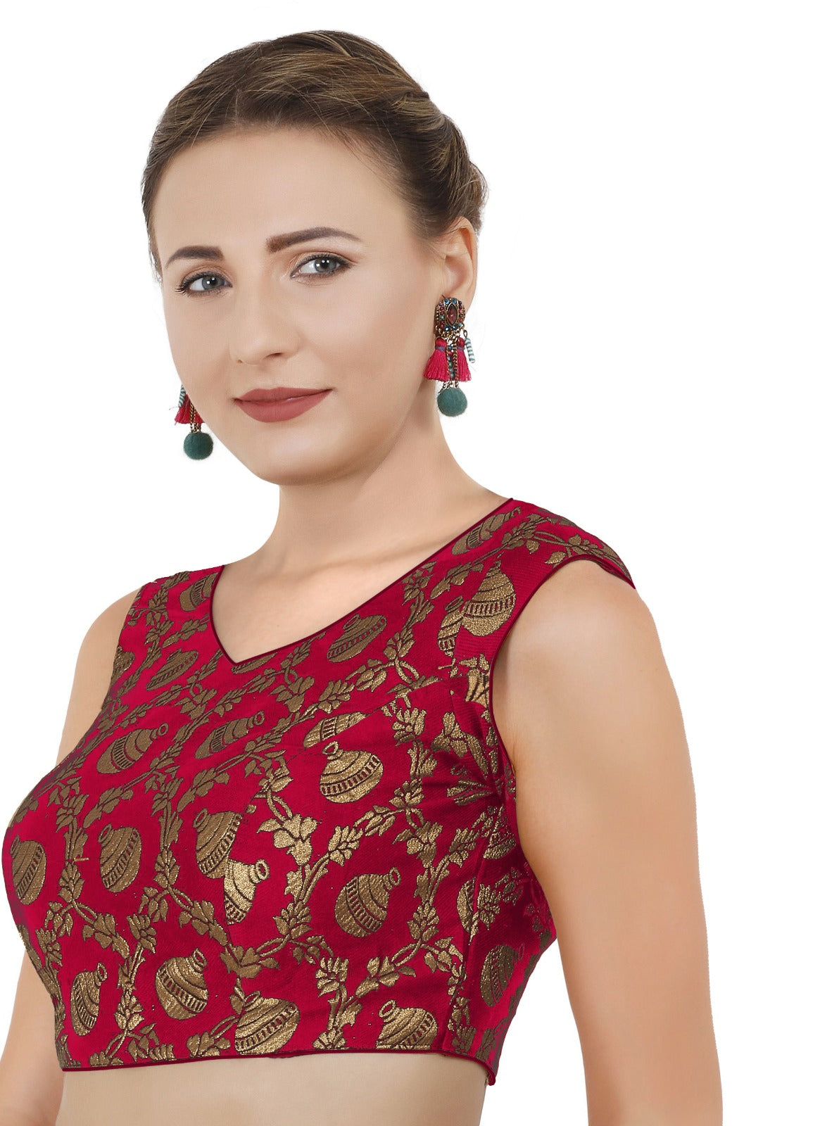 New Collection Sleeveless Brocade Red Color Blouse