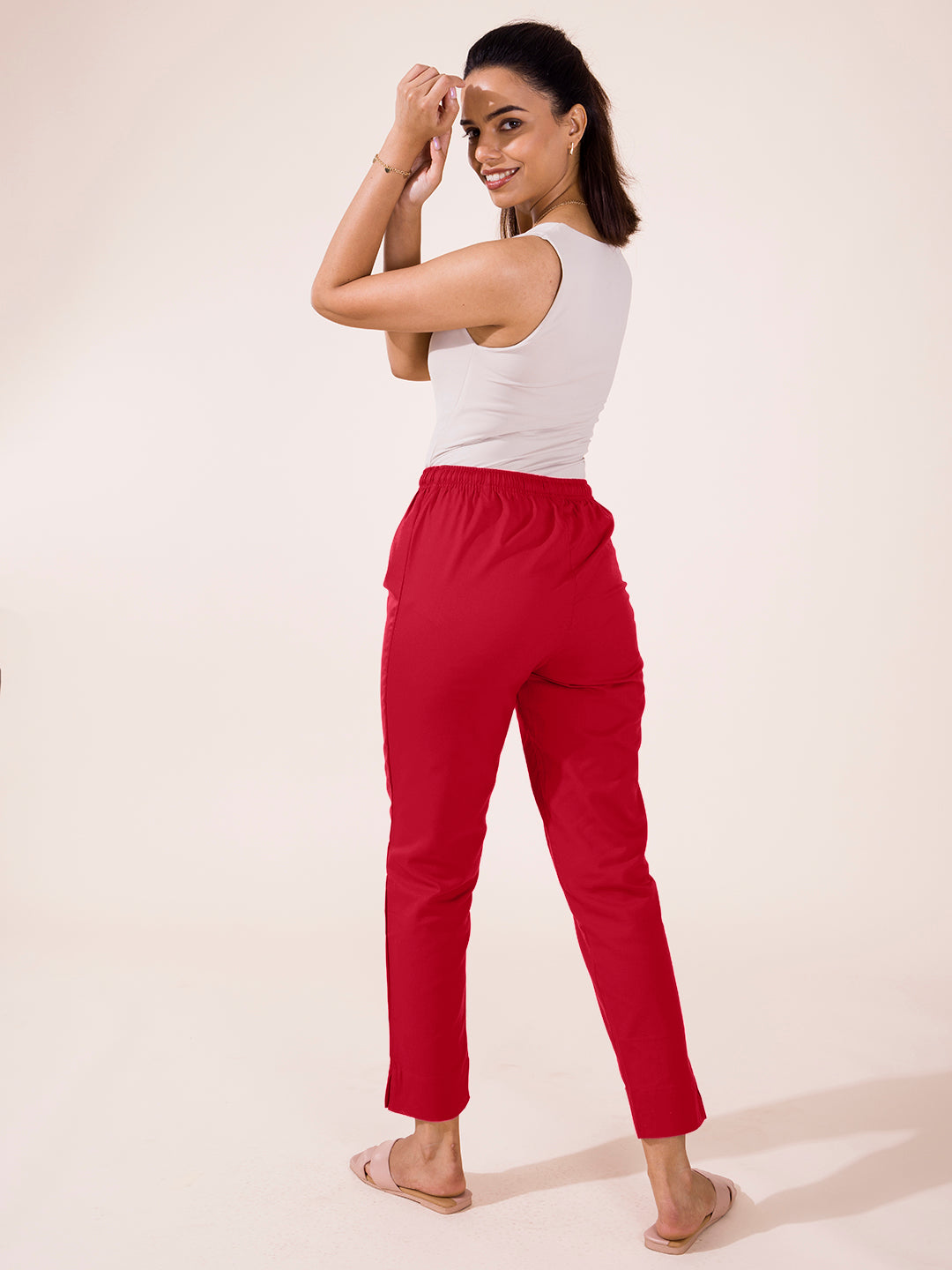 Mid-Rise Cropped Cotton Pant Trousers (Red)