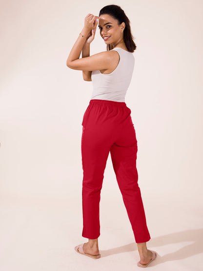 Mid-Rise Cropped Cotton Pant Trousers (Red)