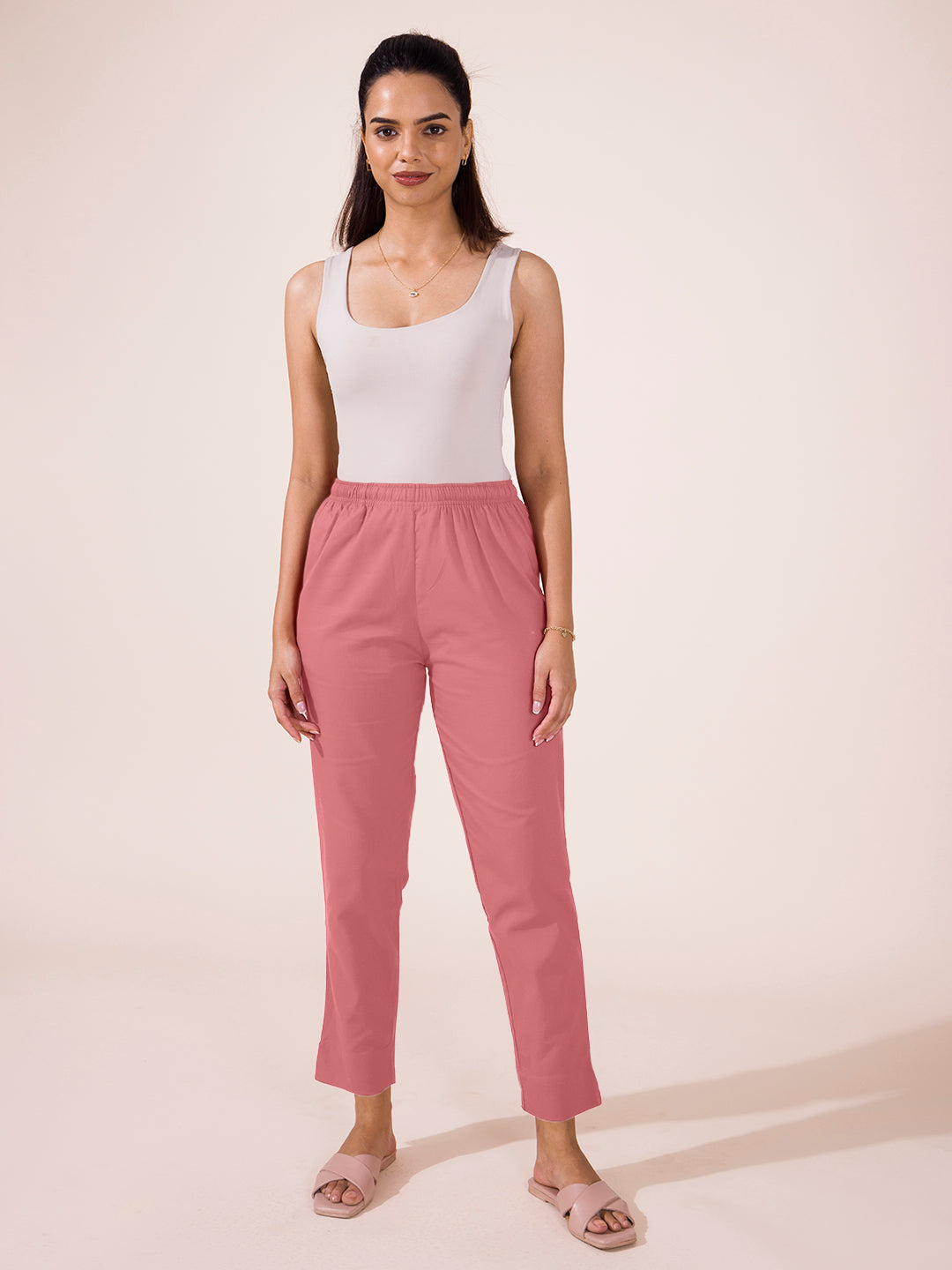 Mid-Rise Cropped Cotton Pant Trousers (Rose)