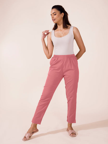 Mid-Rise Cropped Cotton Pant Trousers (Rose)