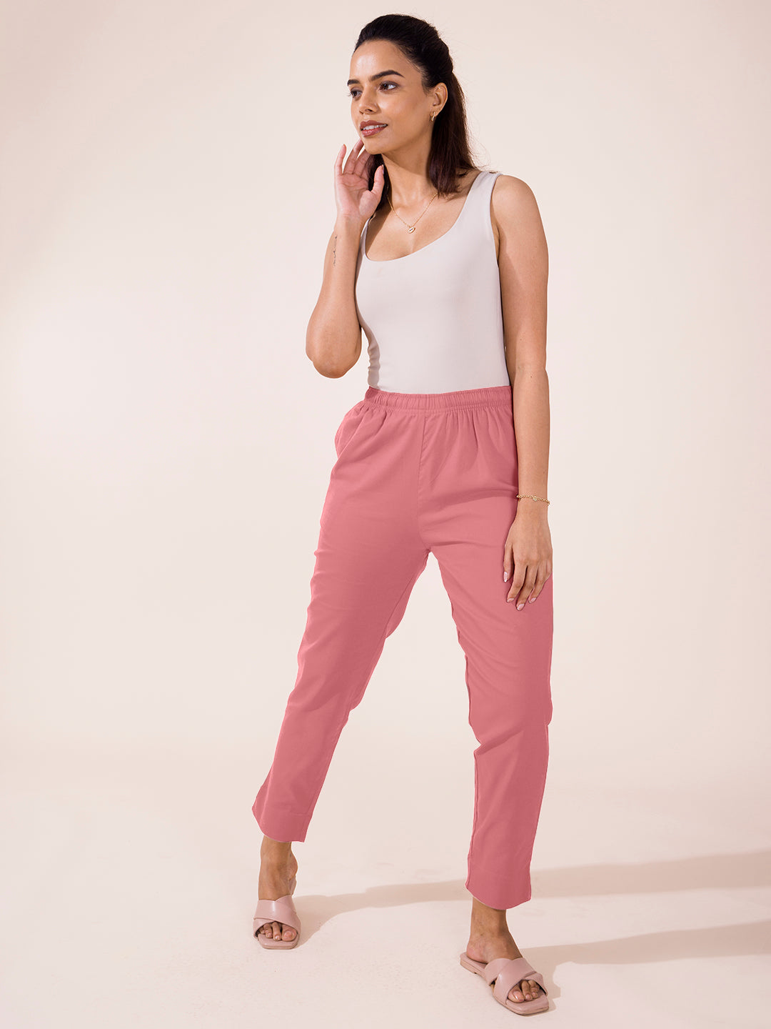 Mid-Rise Cropped Cotton Pant Trousers (Rose)