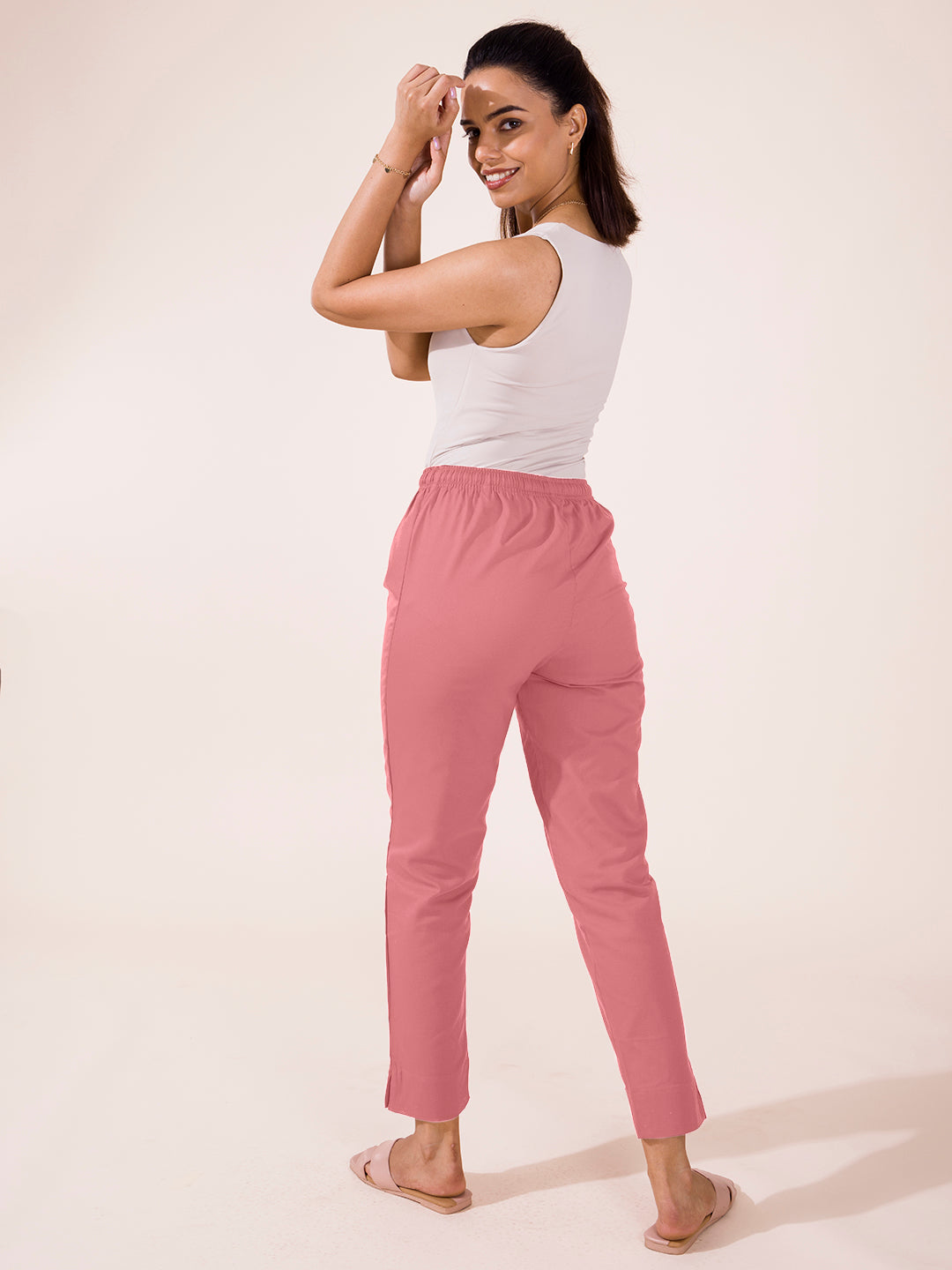 Mid-Rise Cropped Cotton Pant Trousers (Rose)