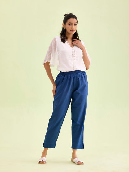 Mid-Rise Cropped Cotton Pant Trousers (Royal Blue)