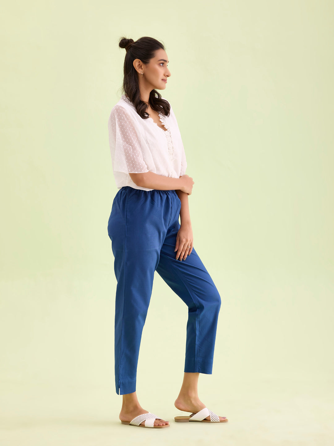 Mid-Rise Cropped Cotton Pant Trousers (Royal Blue)