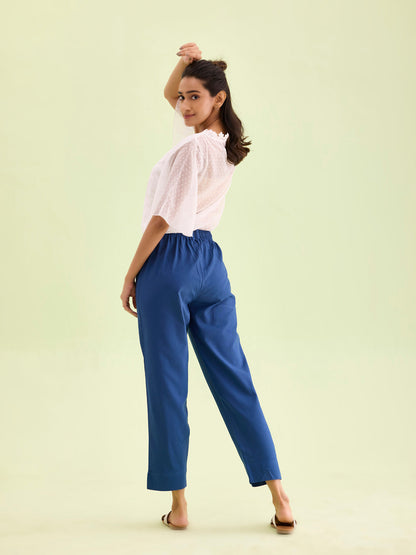 Mid-Rise Cropped Cotton Pant Trousers (Royal Blue)