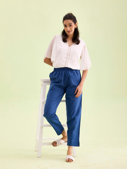 Mid-Rise Cropped Cotton Pant Trousers (Royal Blue)