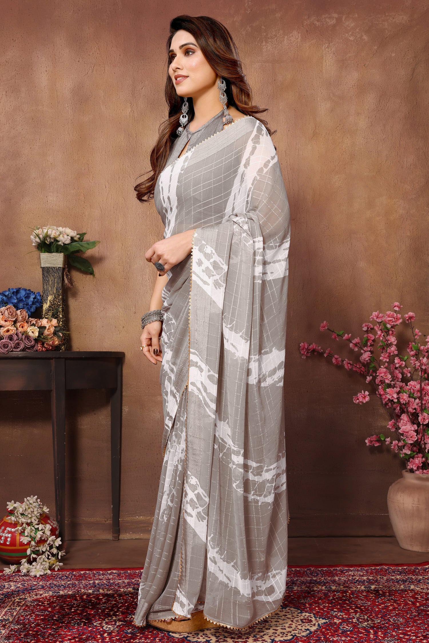 Modern Party Wear Ready To Wear Grey Georgette Saree