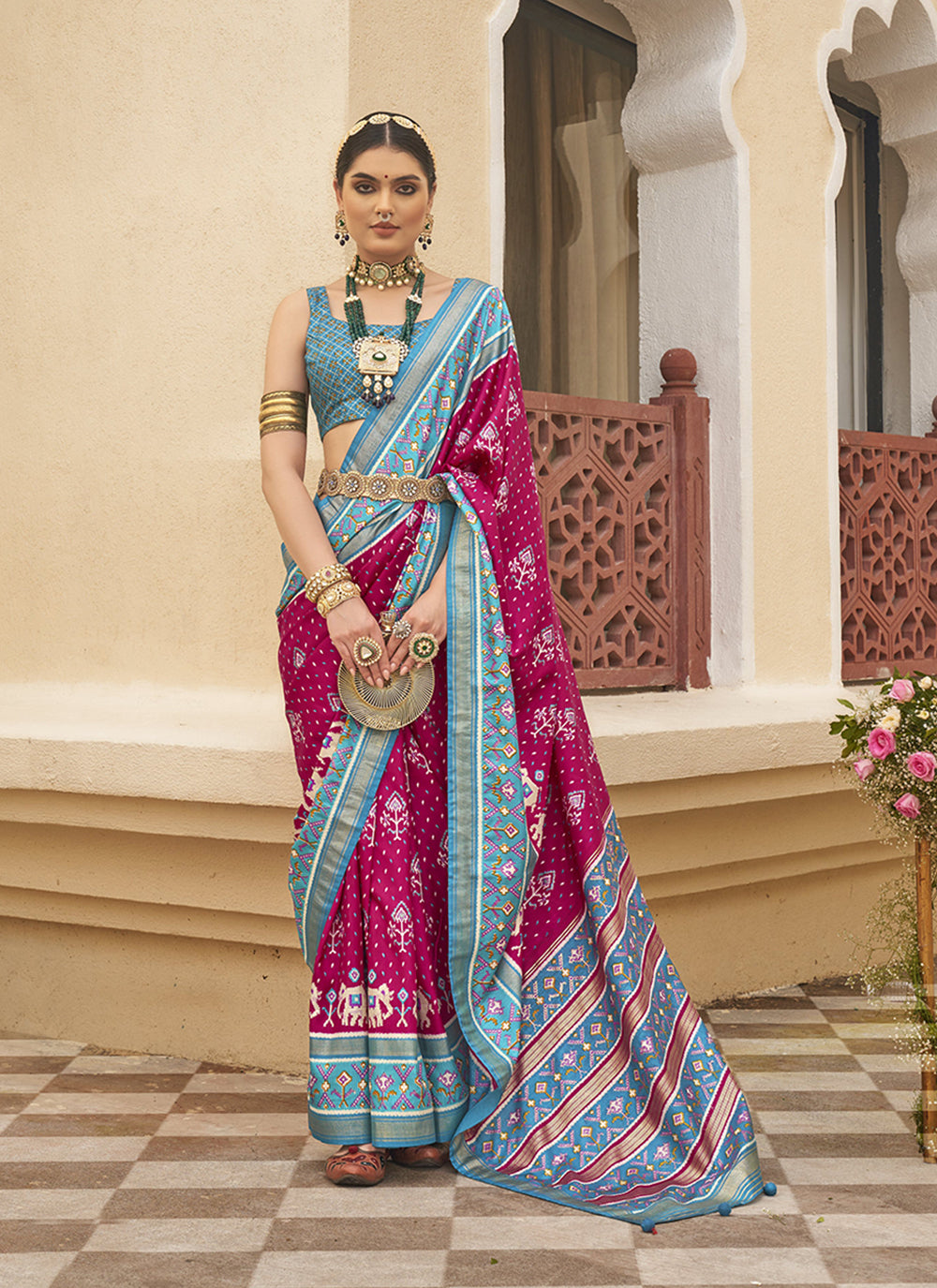 Dark Pink Engagement Wear Silk Printed Patola Saree