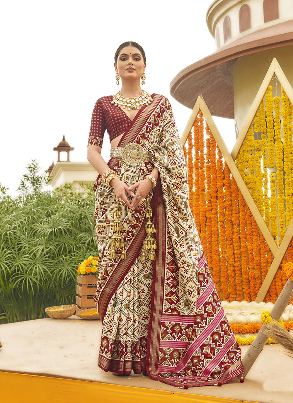 Printed Maroon Silk Festive Wear Patola Saree