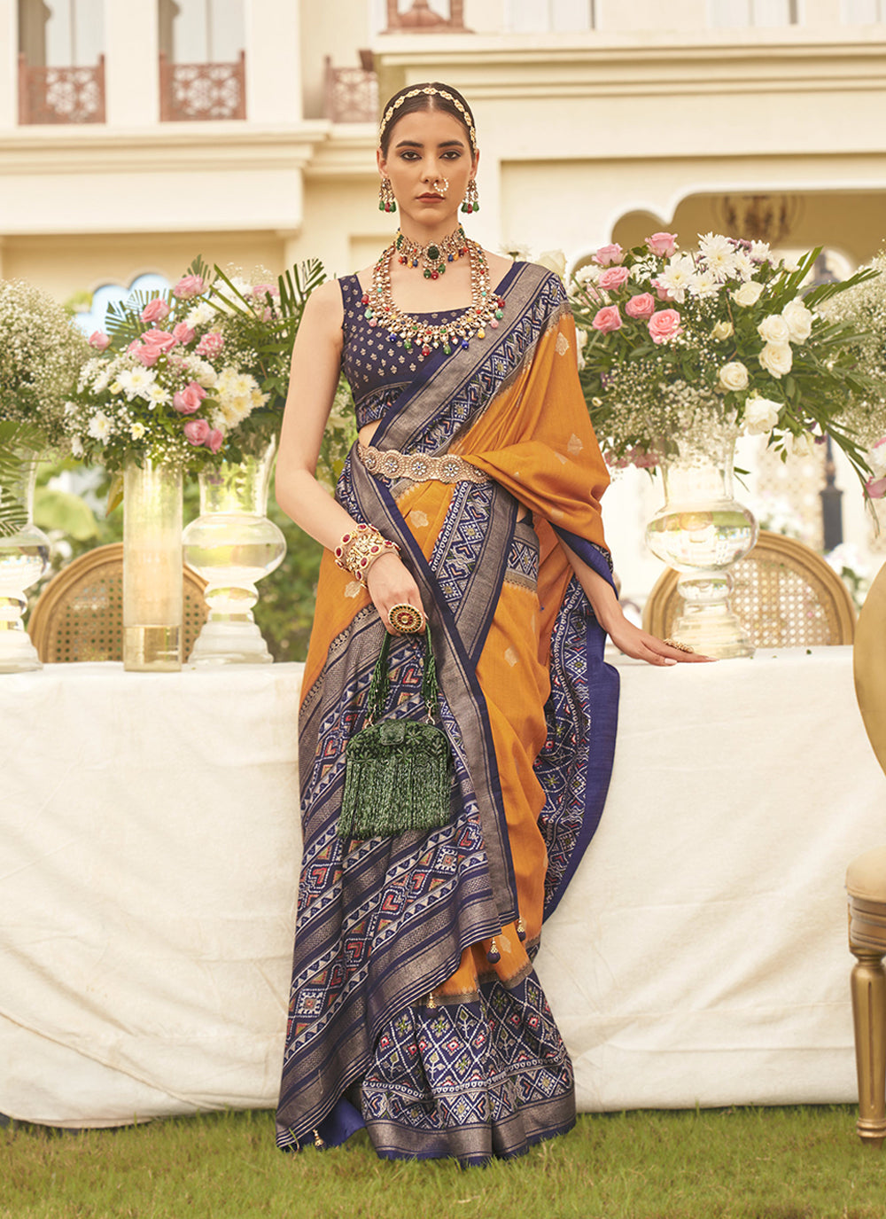 Mustard Party Wear Printed Silk Patola Saree