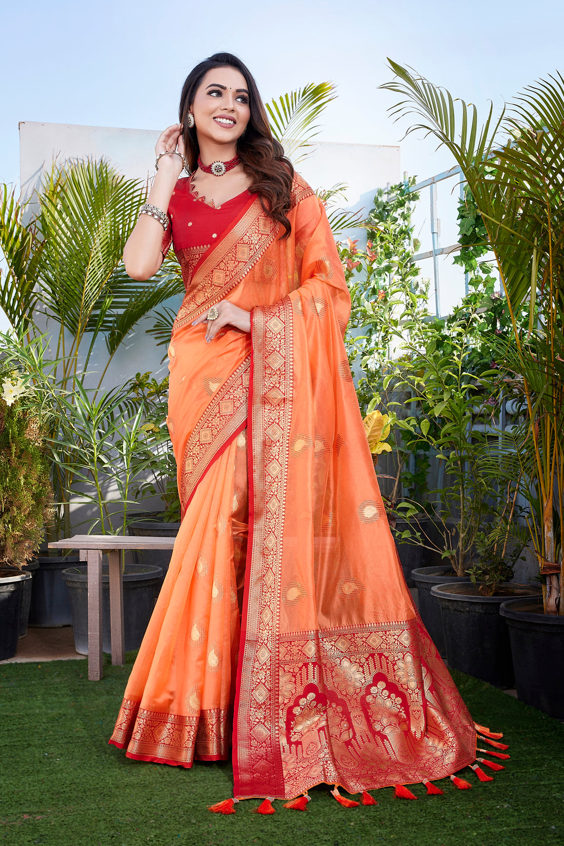 Function Wear Orange Color Khicha Silk Saree