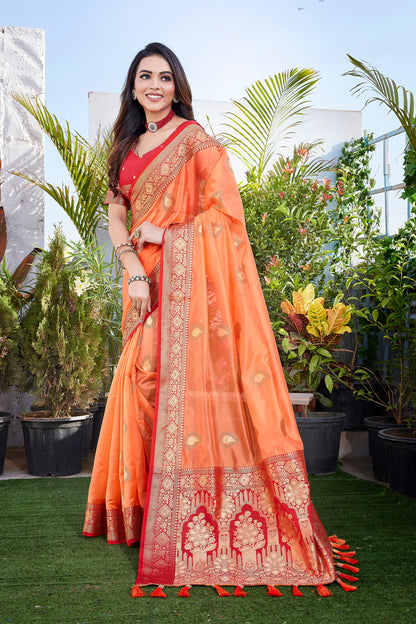 Function Wear Orange Color Khicha Silk Saree