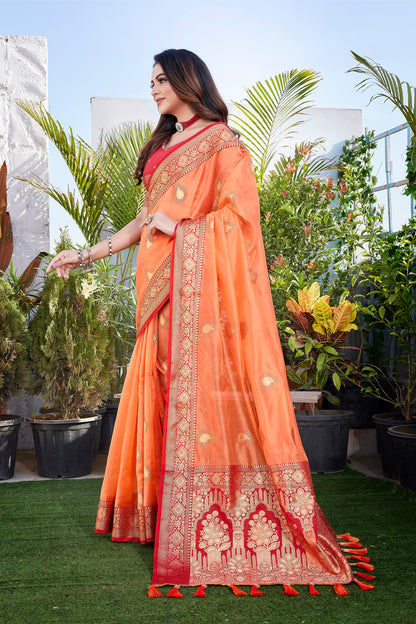 Function Wear Orange Color Khicha Silk Saree