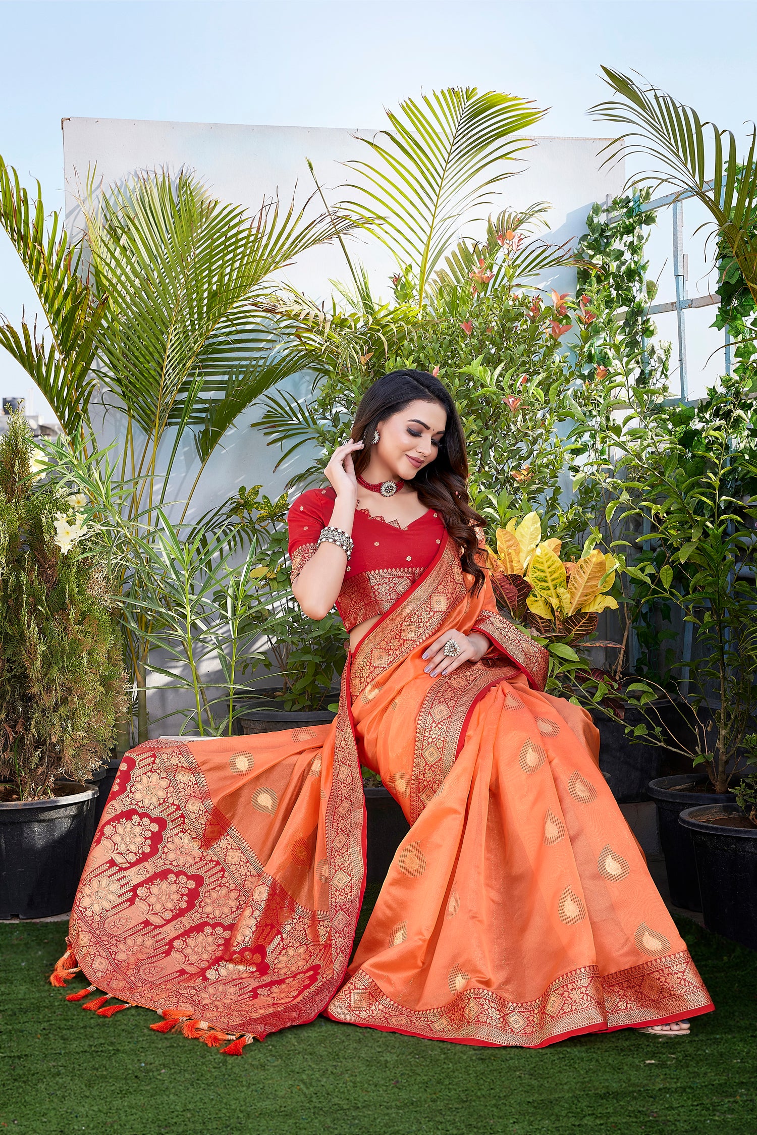 Function Wear Orange Color Khicha Silk Saree