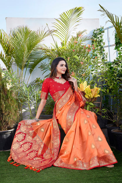 Function Wear Orange Color Khicha Silk Saree