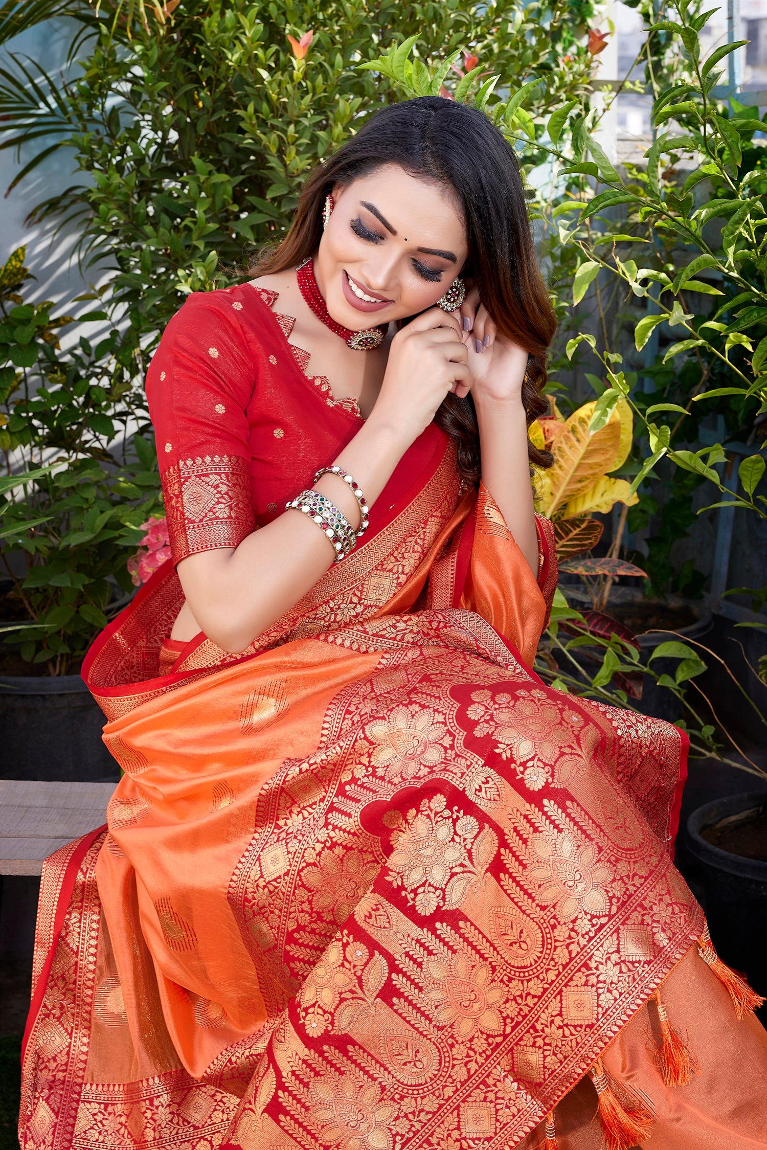 Function Wear Orange Color Khicha Silk Saree