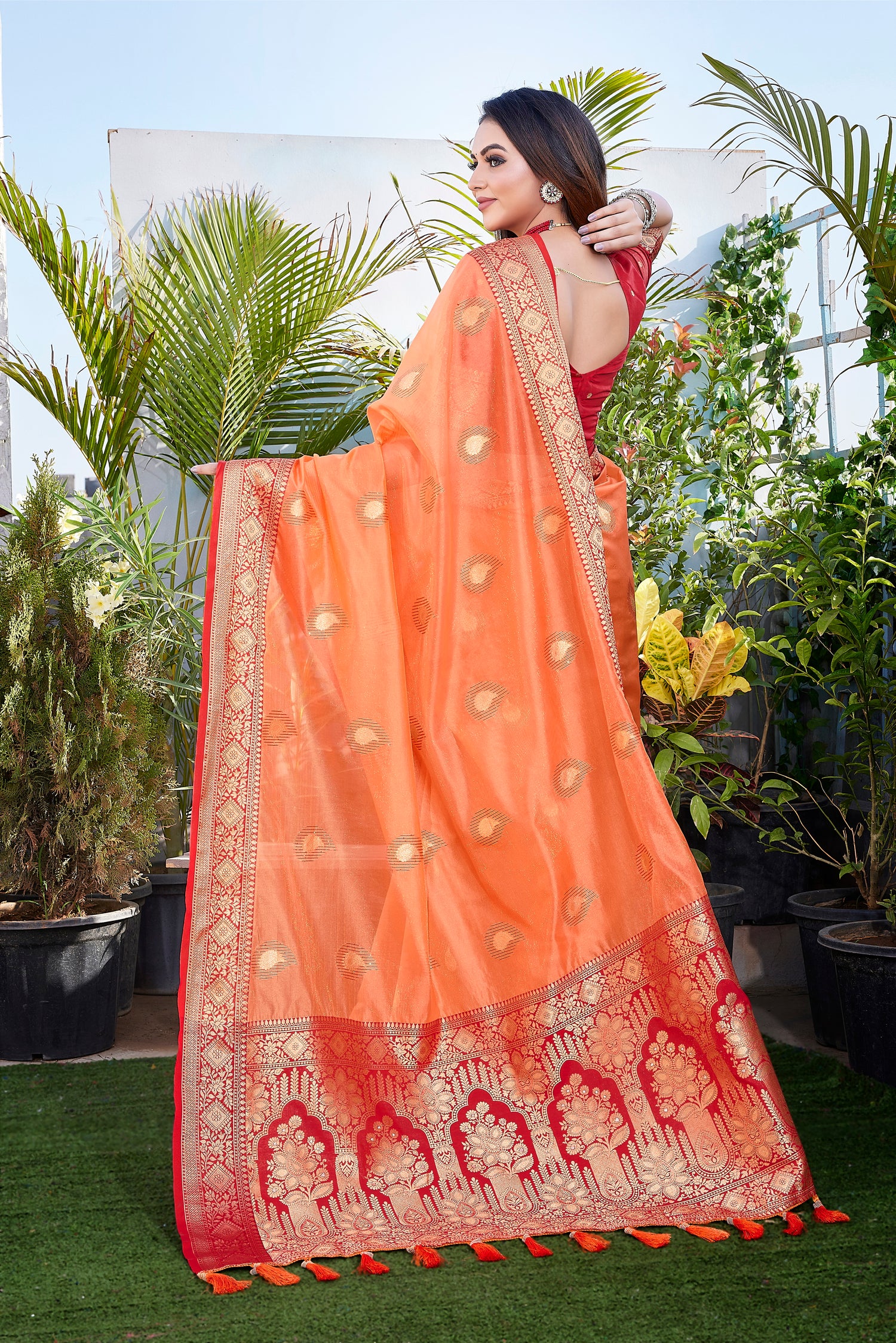 Function Wear Orange Color Khicha Silk Saree