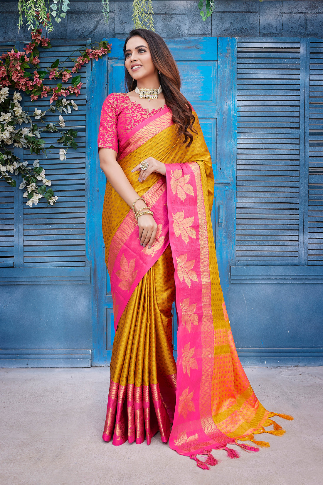 Stylish Looking Yellow Color Aura Silk Saree