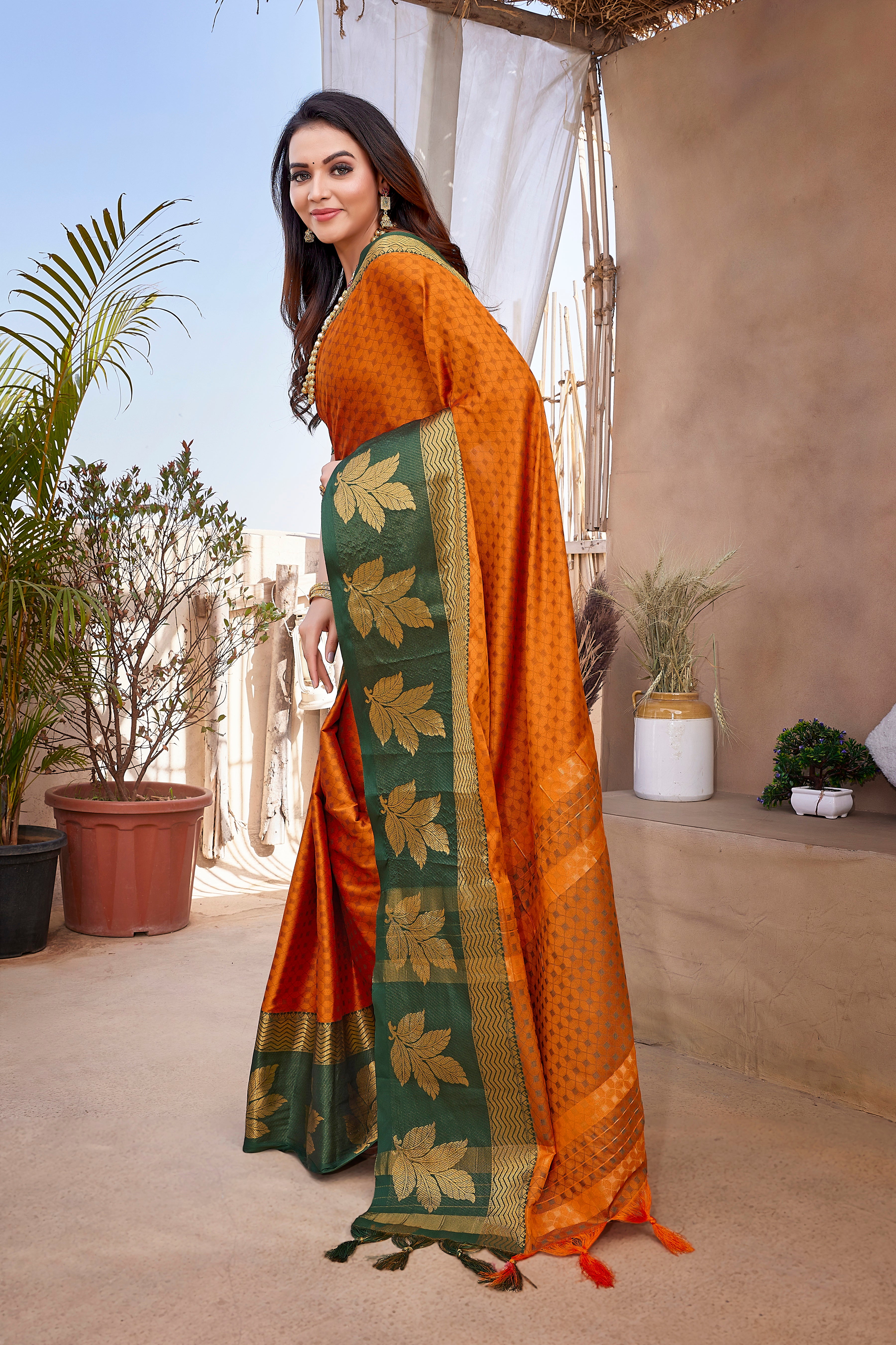 Traditional Attire Orange Color Aura Silk Saree