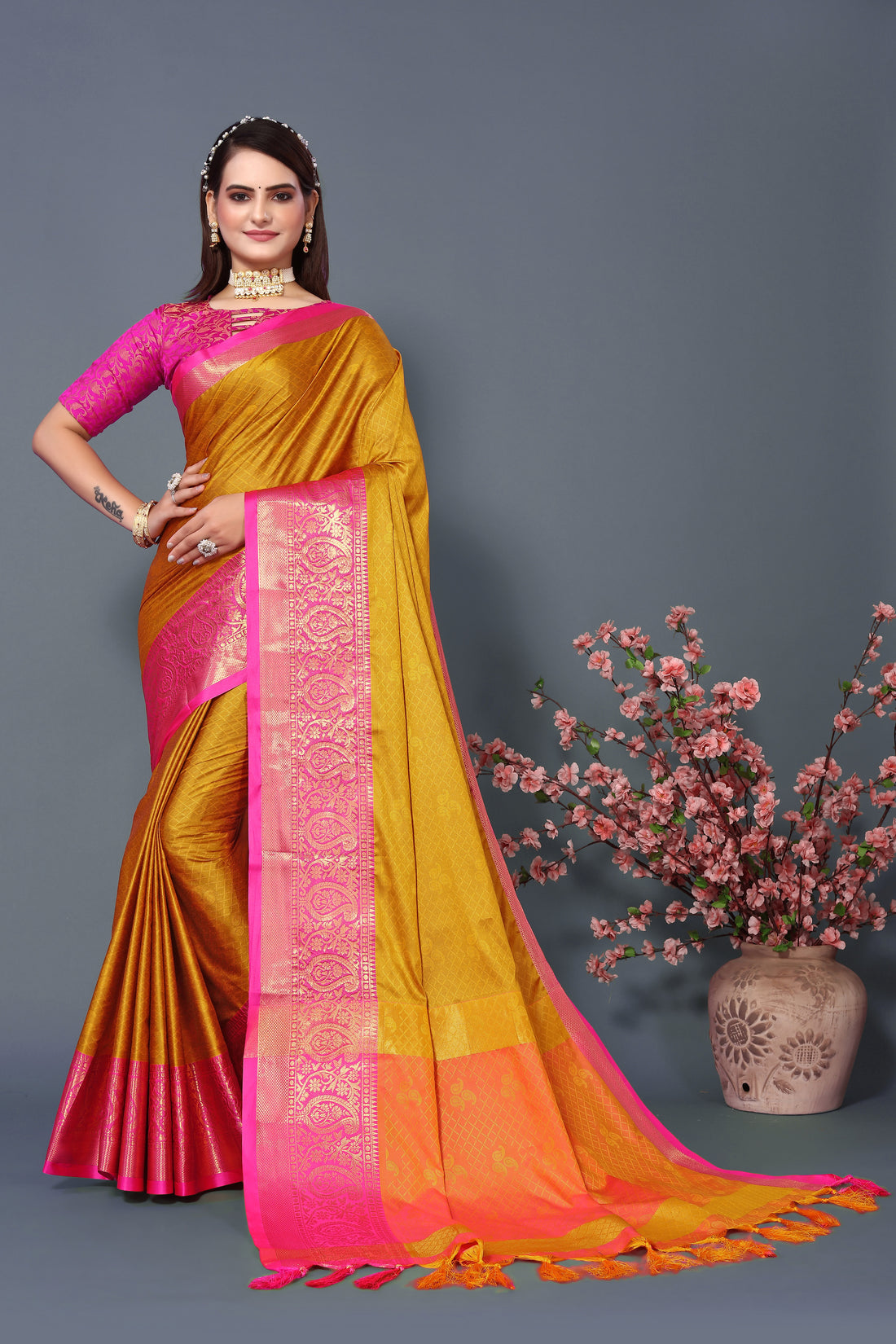 Latest Yellow Color Pure Rubina Silk Saree