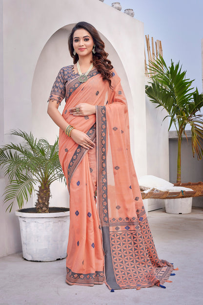 Handloom Cotton Silk Orange Color Saree