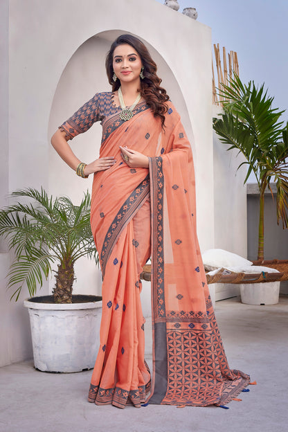 Handloom Cotton Silk Orange Color Saree