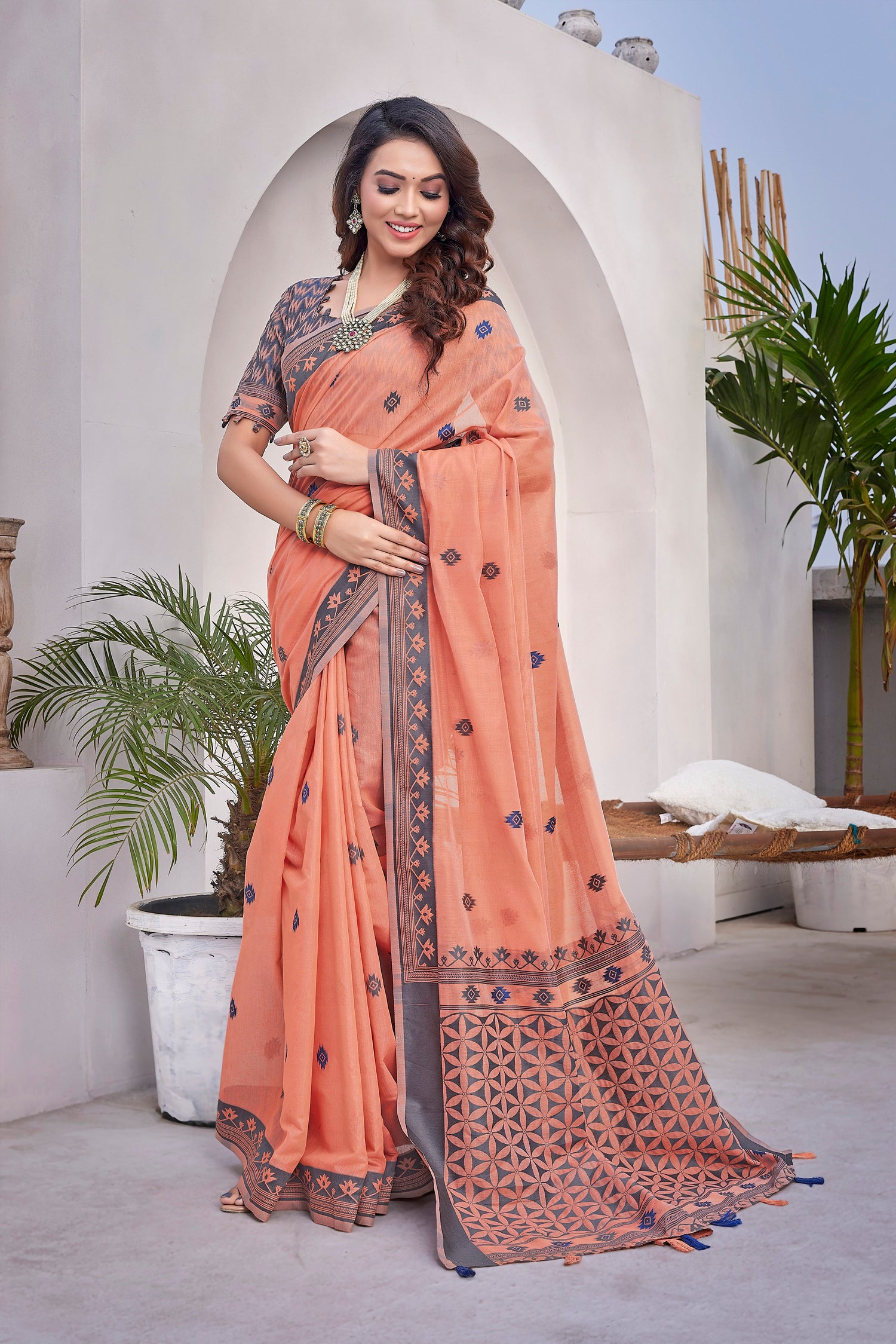 Handloom Cotton Silk Orange Color Saree