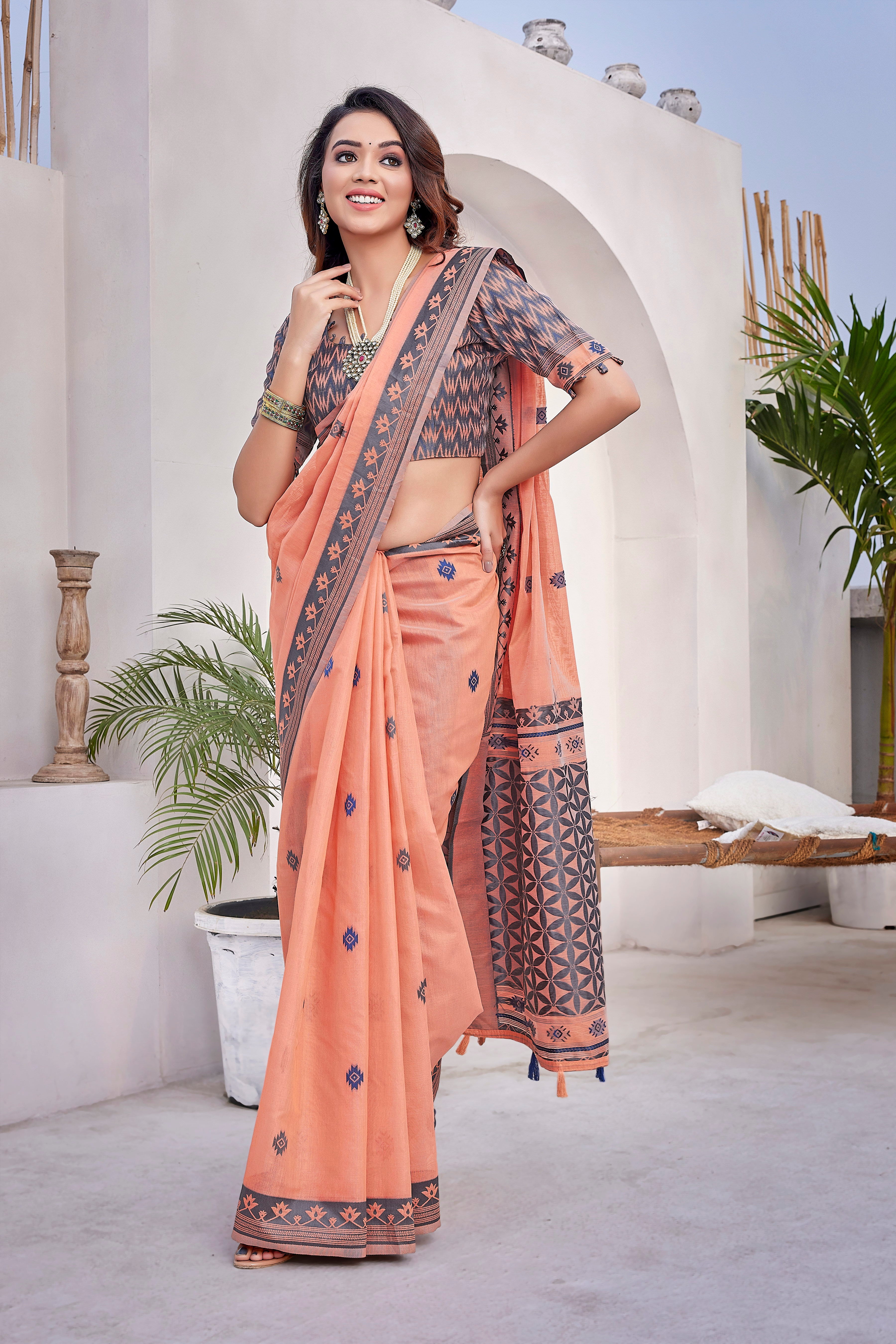 Handloom Cotton Silk Orange Color Saree