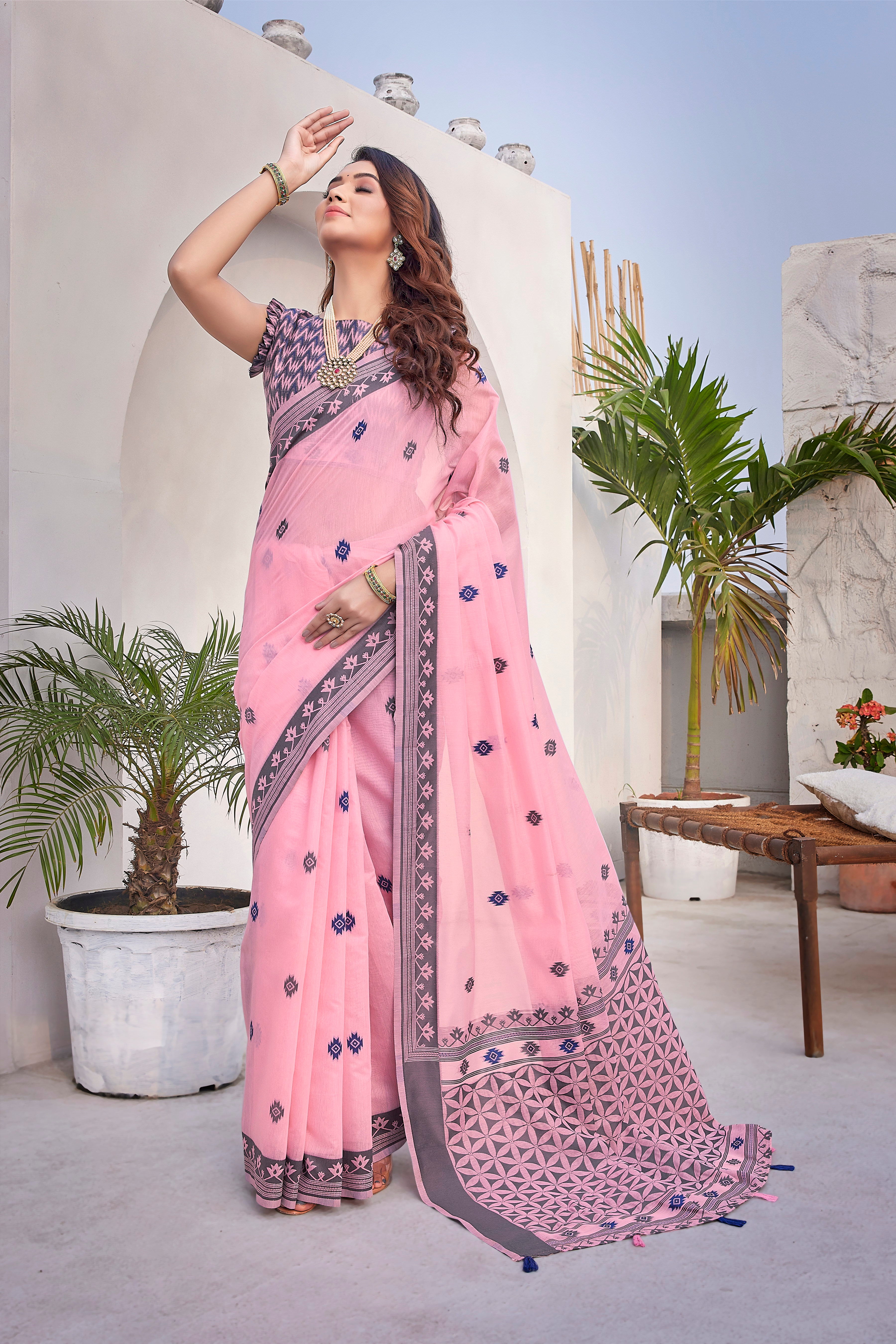 Beautiful Handloom Cotton Silk Pink Saree