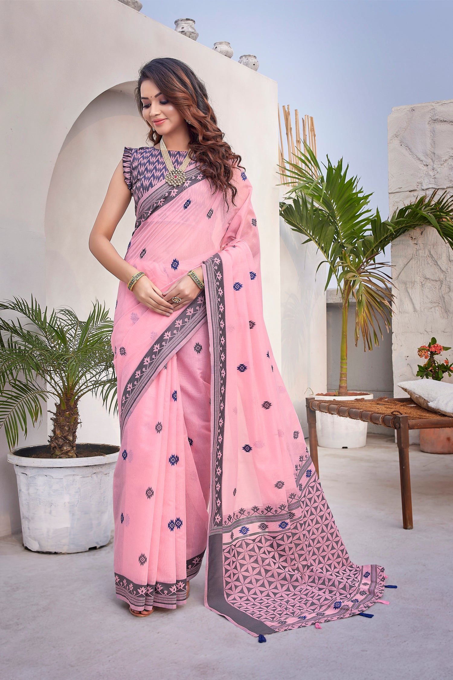 Beautiful Handloom Cotton Silk Pink Saree