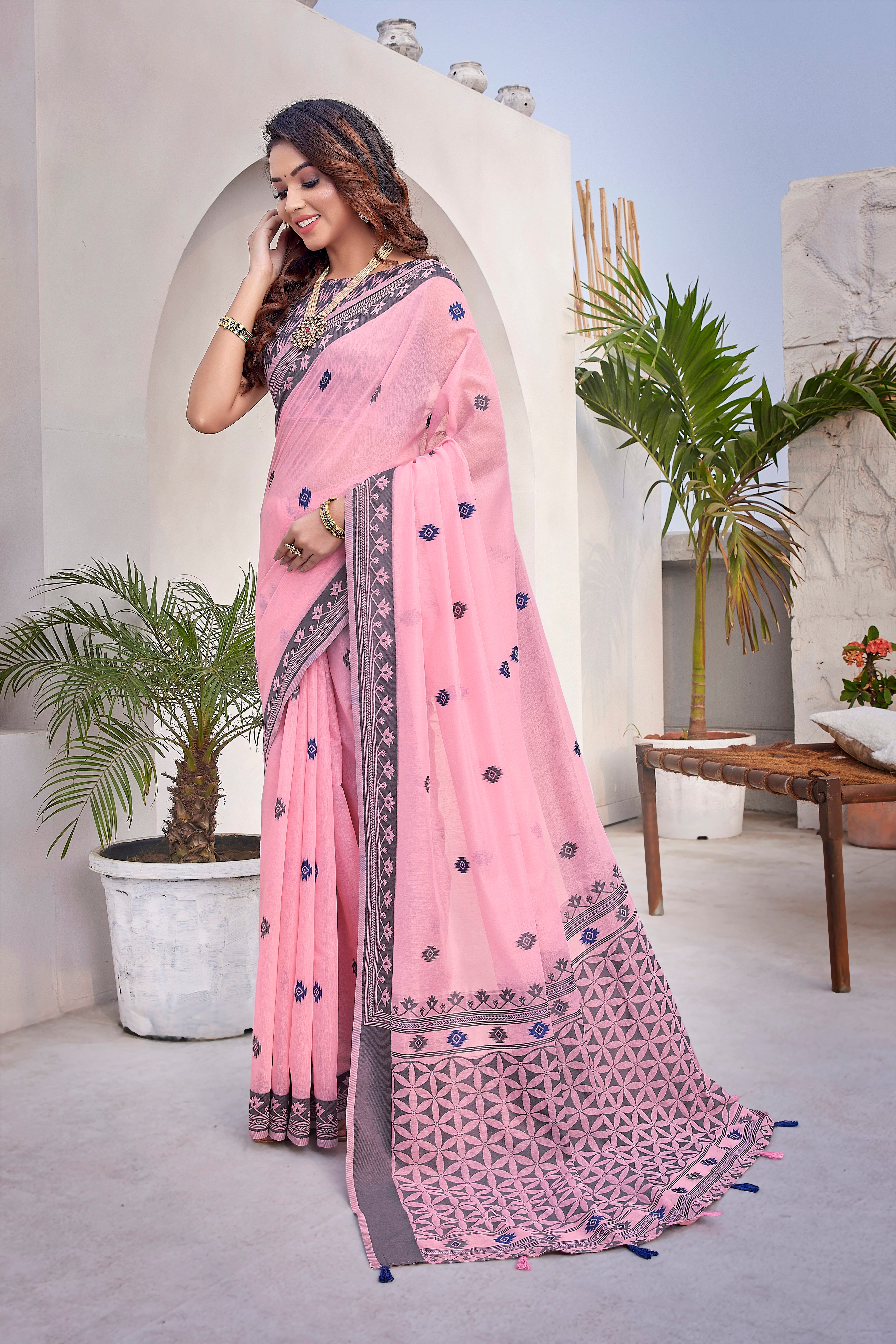 Beautiful Handloom Cotton Silk Pink Saree