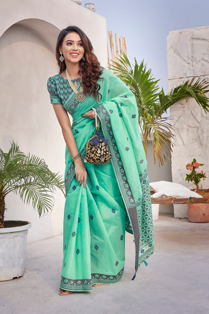 Handloom Cotton Silk Green Color Latest Saree