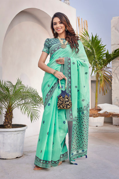 Handloom Cotton Silk Green Color Latest Saree