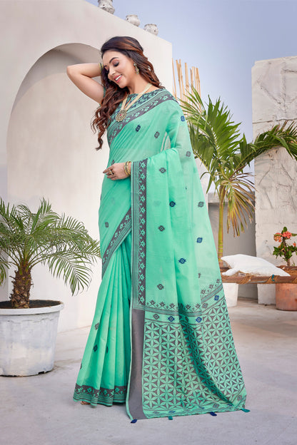 Handloom Cotton Silk Green Color Latest Saree