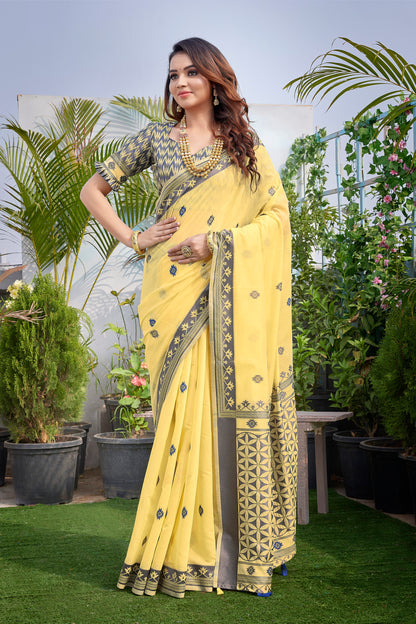 Handloom Cotton Silk Yellow Haldi Wear Saree