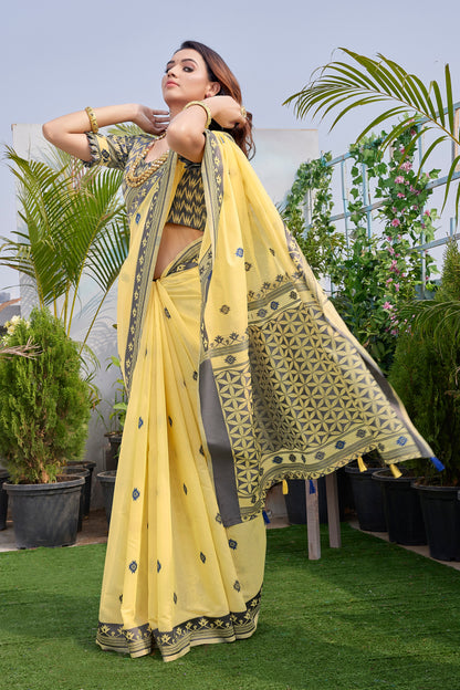 Handloom Cotton Silk Yellow Haldi Wear Saree